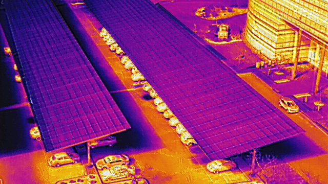 infrared thermal drone photo of solar pv system commercial carport inspection